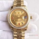  Swiss 3255 Rolex DayDate II Yellow Gold Knockoff Watch Ruby Dial Diamond Bezel